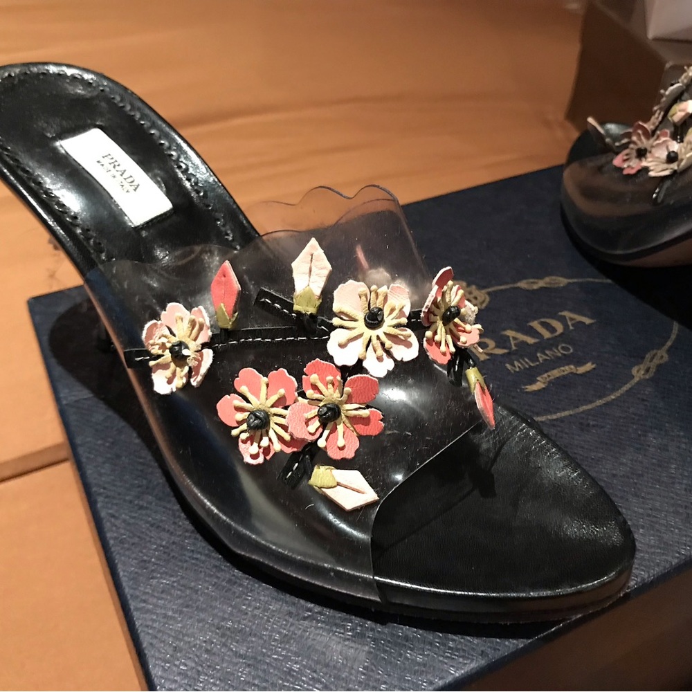Prada Black Slide Sandals with Pink and Cream Floral Appliqués